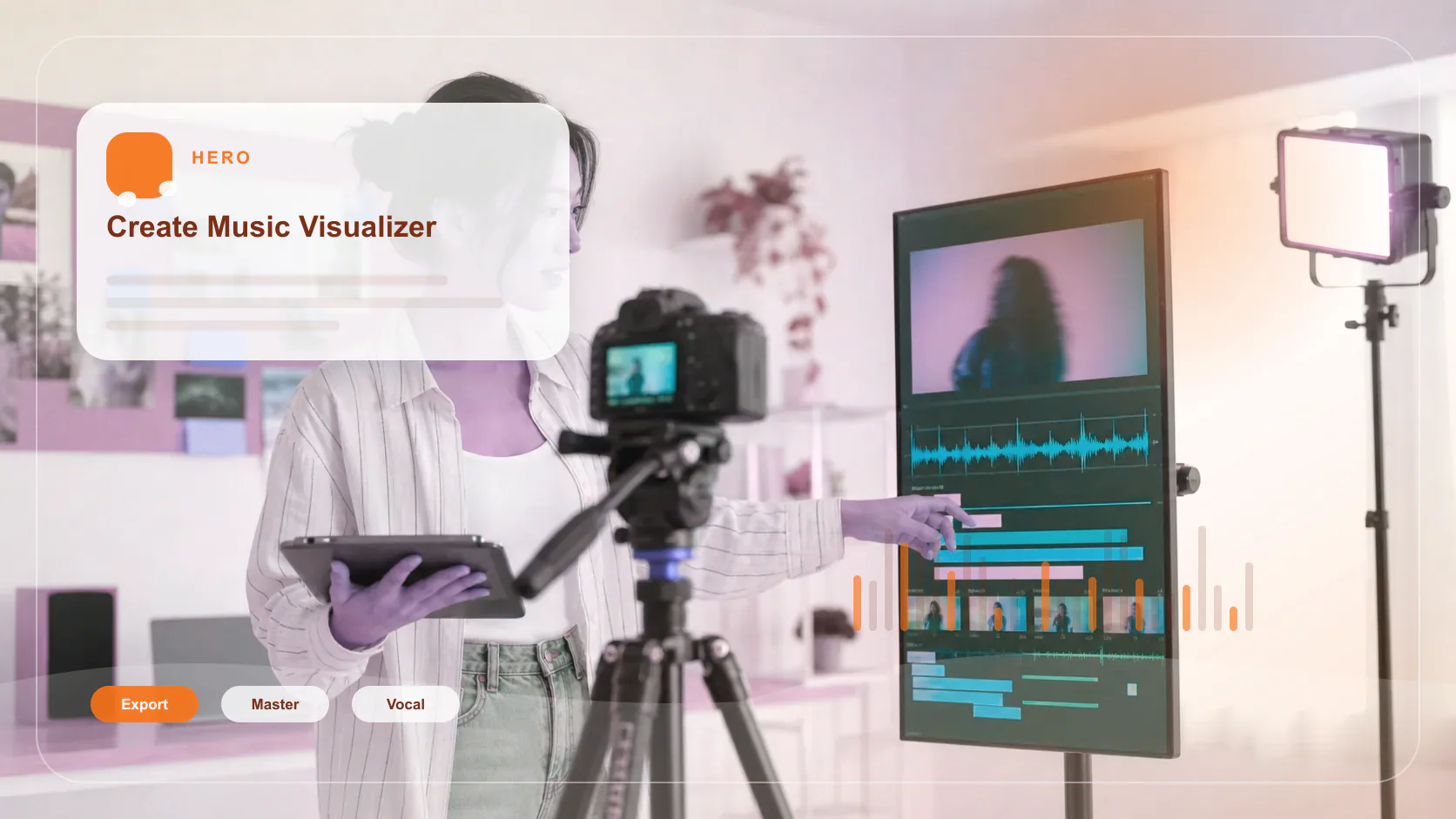 Creator editing a music video with waveform and caption timeline