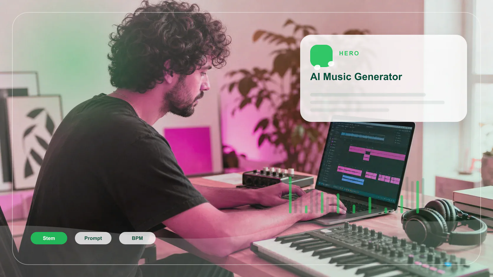 Independent musician shaping an AI music idea in a bright home studio