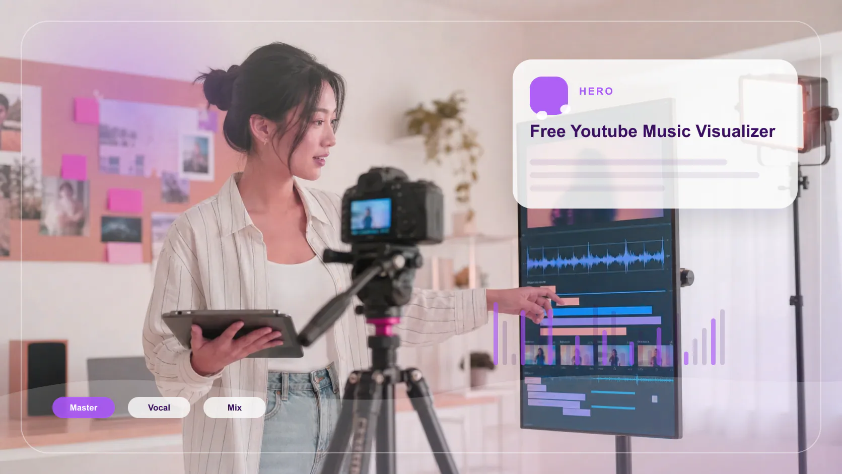 Creator editing a music video with waveform and caption timeline