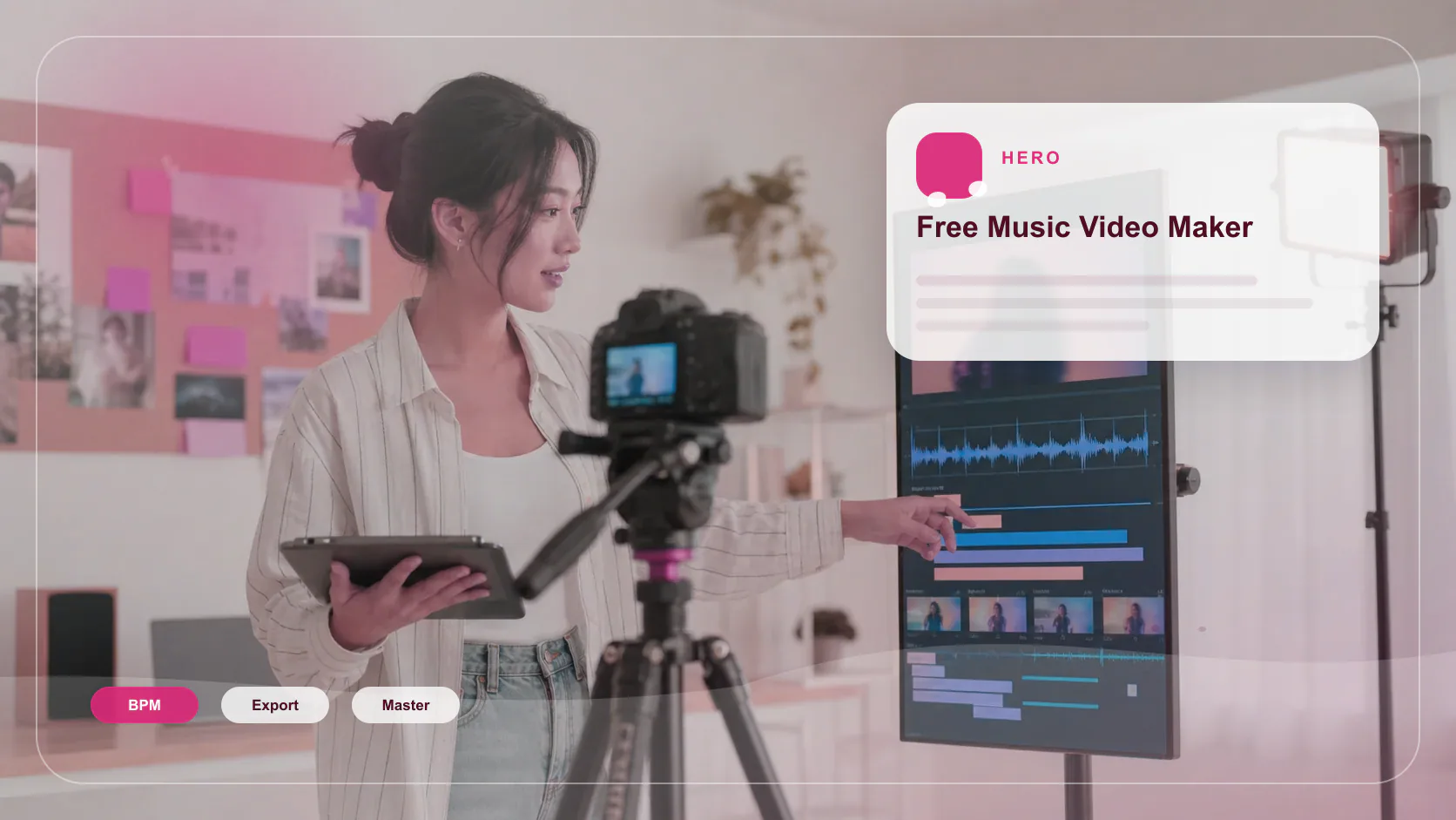 Creator editing a music video with waveform and caption timeline