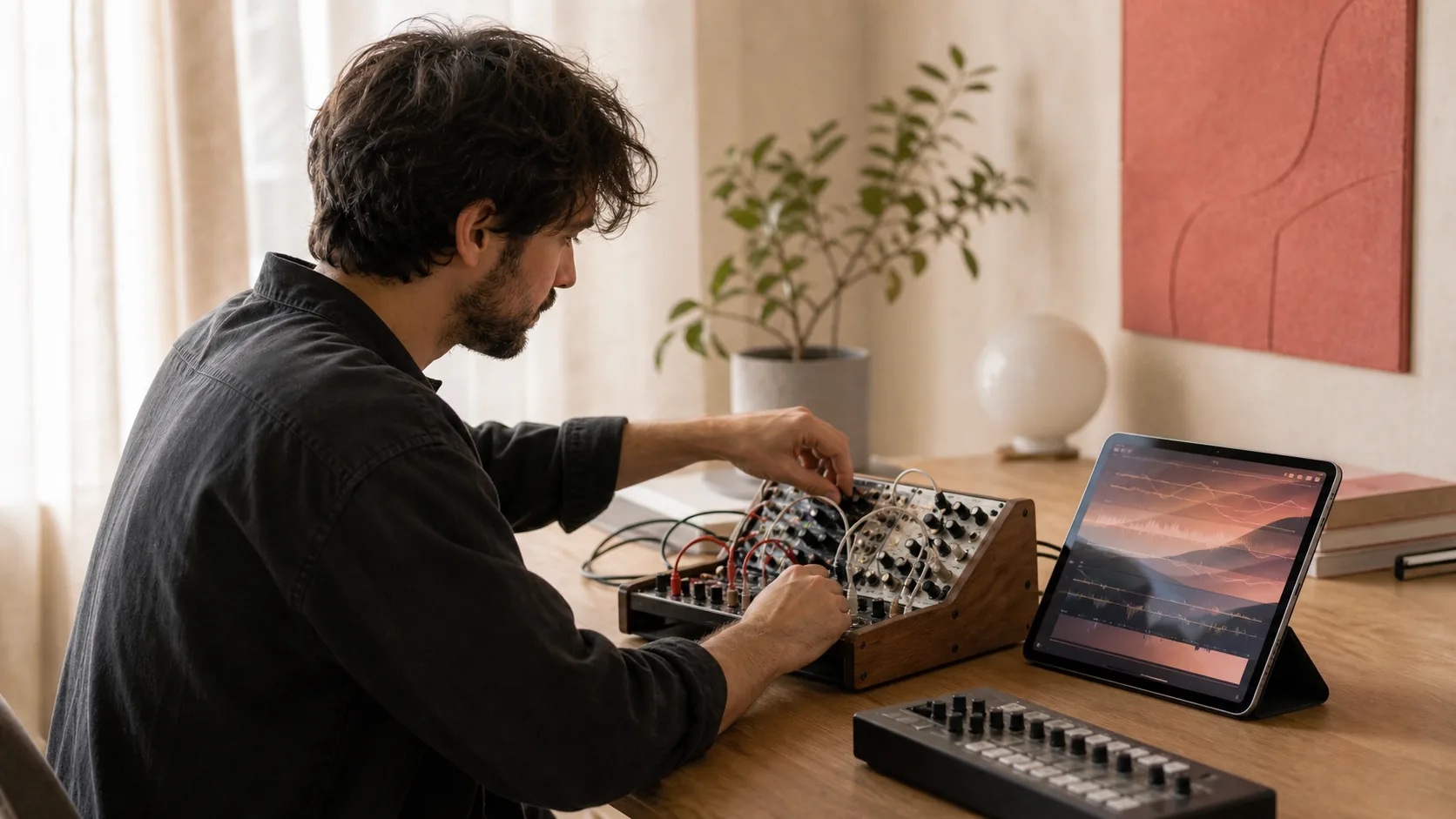 Creator shaping ambient background music with a compact sound texture device