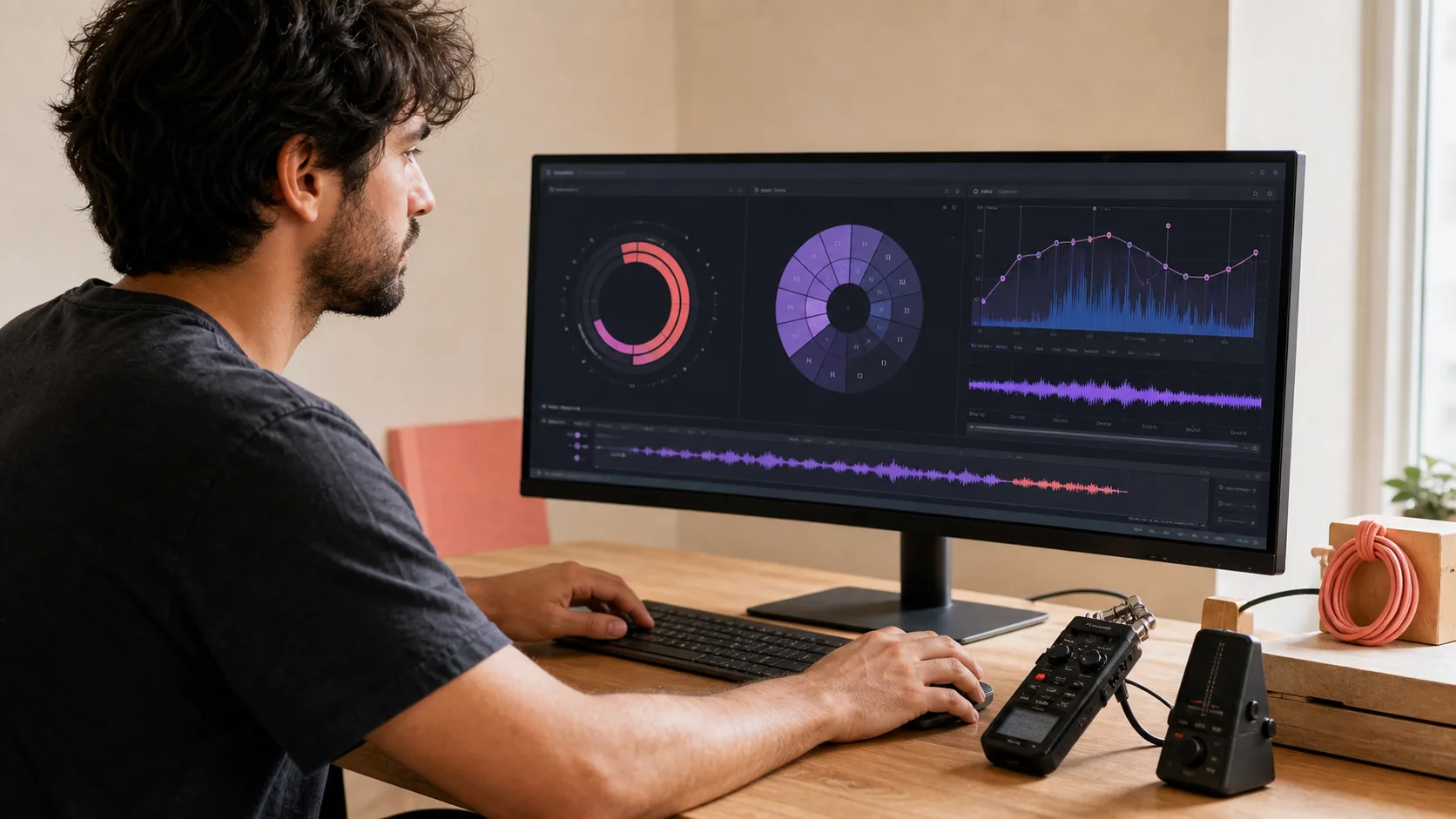 Sound designer analyzing BPM key and pitch before editing audio