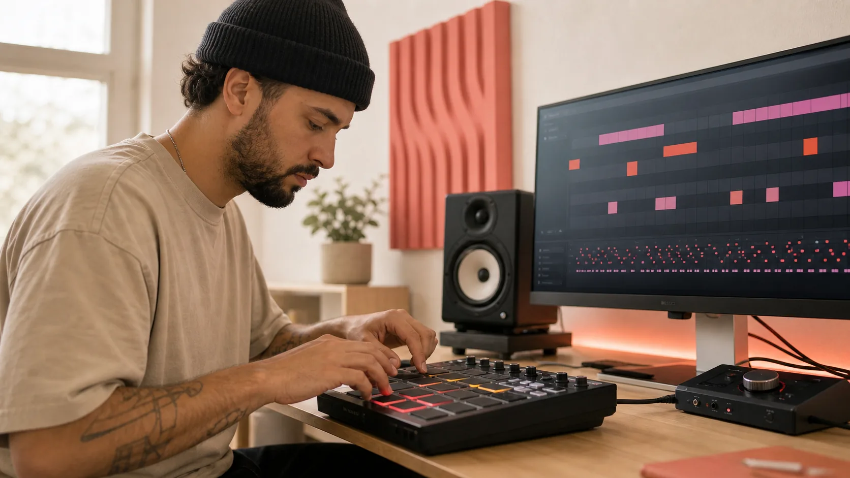 Beat producer tapping a drum pad controller for a new genre idea