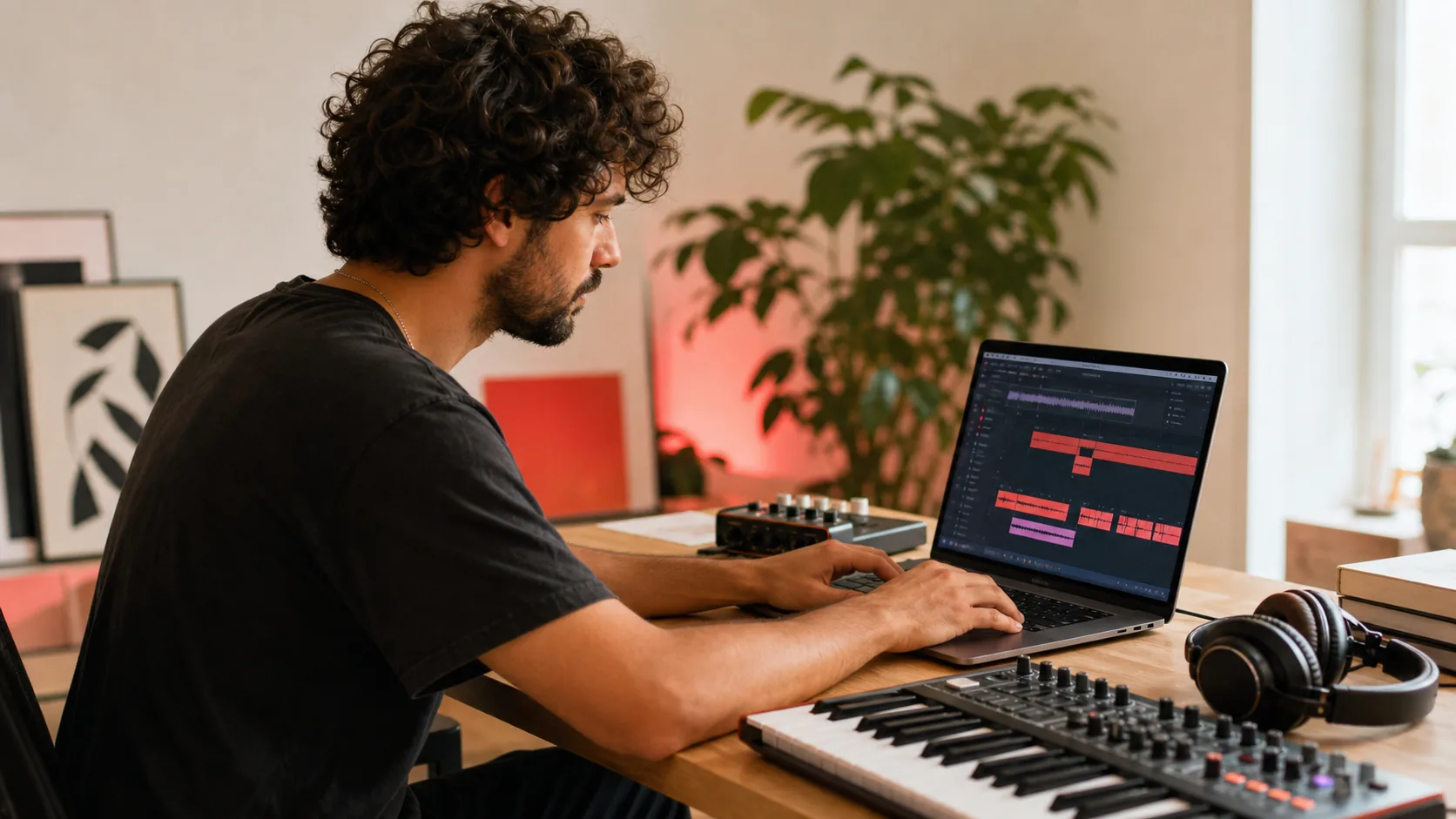 Independent musician shaping an AI music idea in a bright home studio