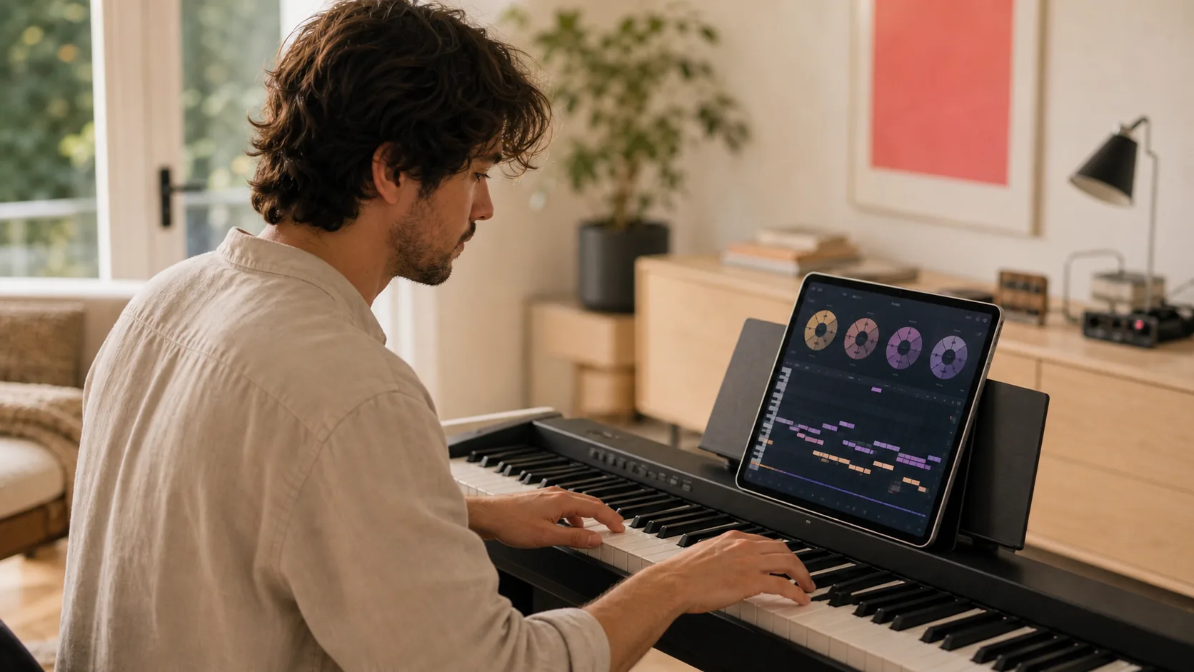 Composer building chords and MIDI ideas on a digital piano