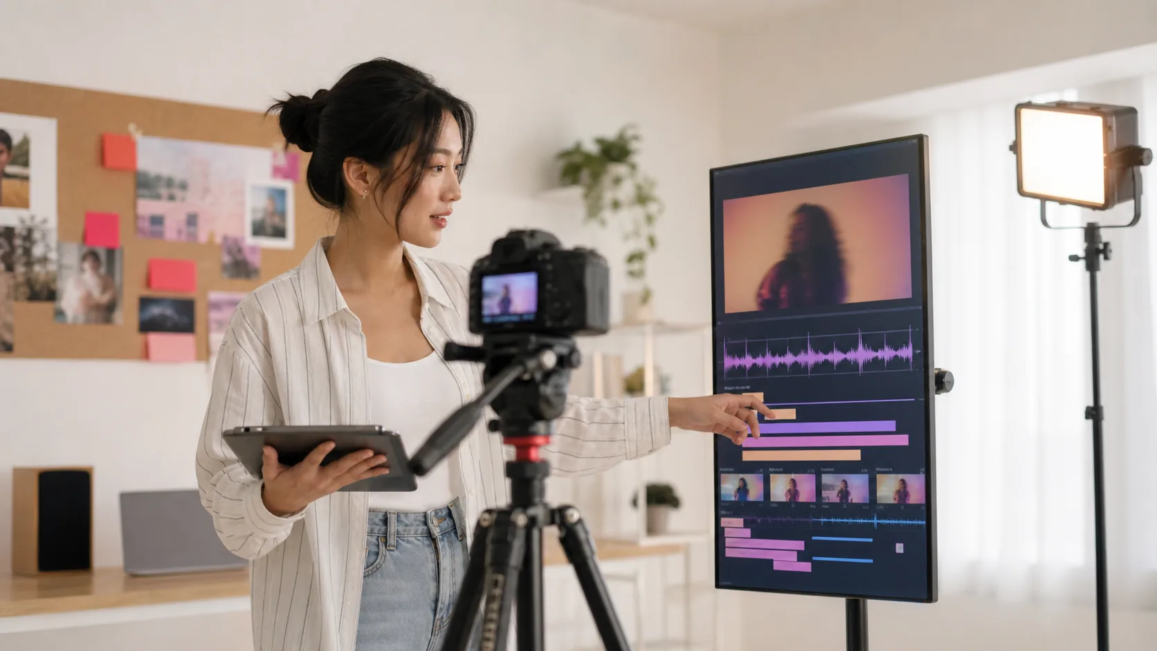 Creator editing a music video with waveform and caption timeline
