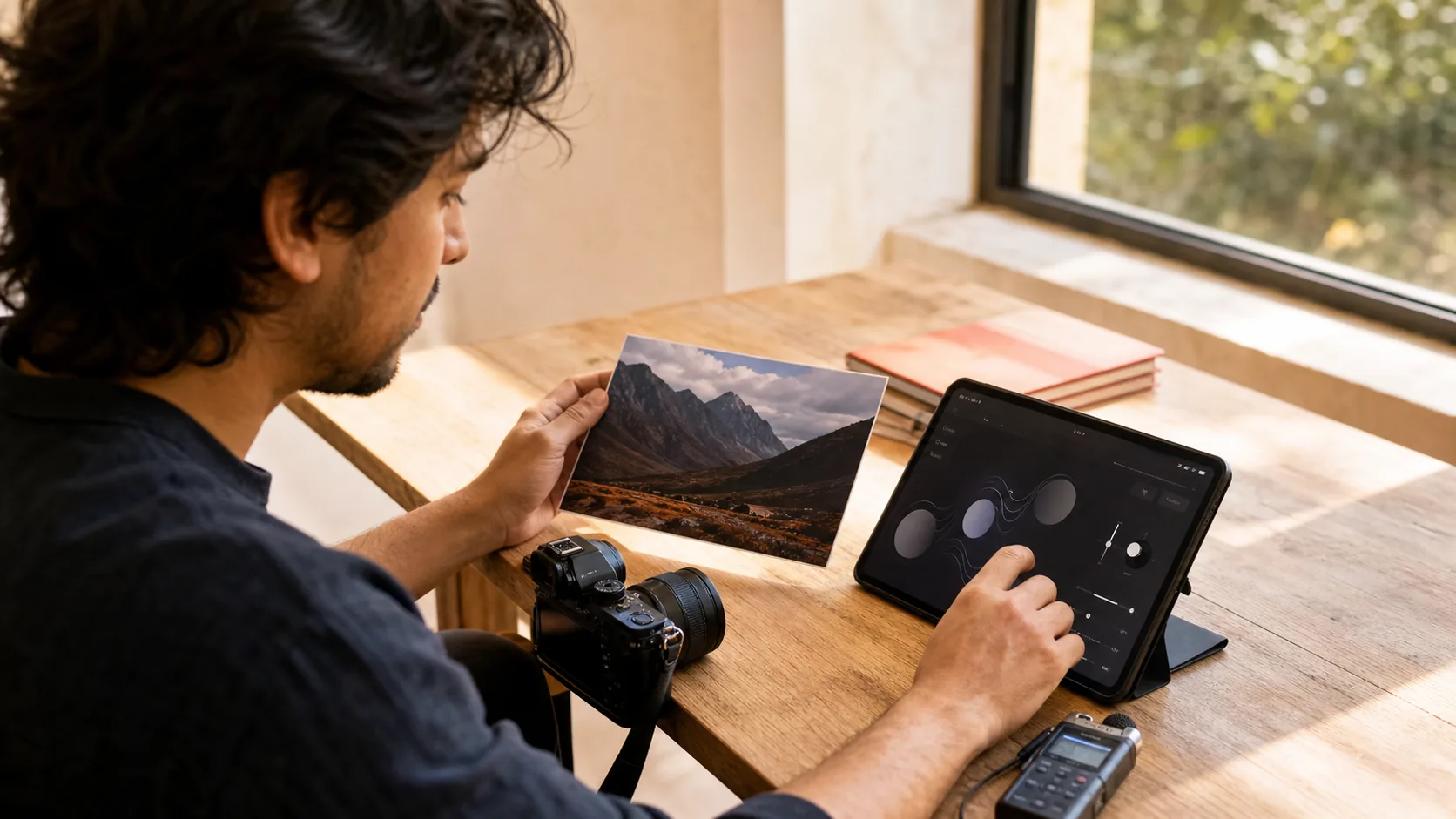 Photographer turning a printed image memory into a music mood