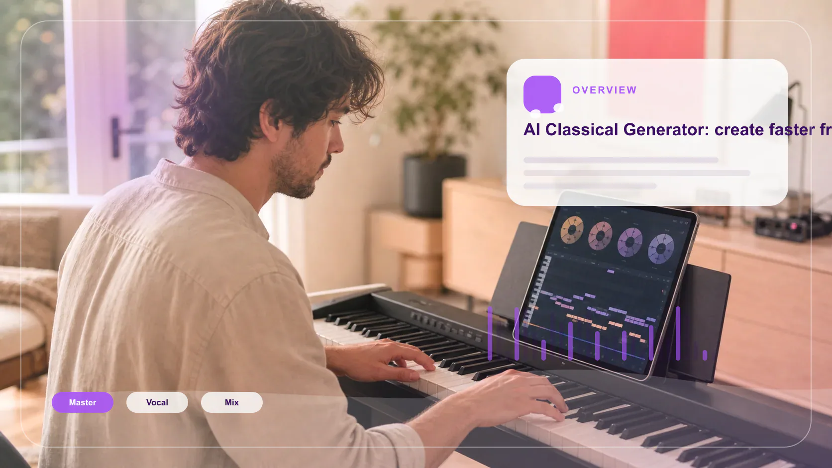 Independent musician shaping an AI music idea in a bright home studio
