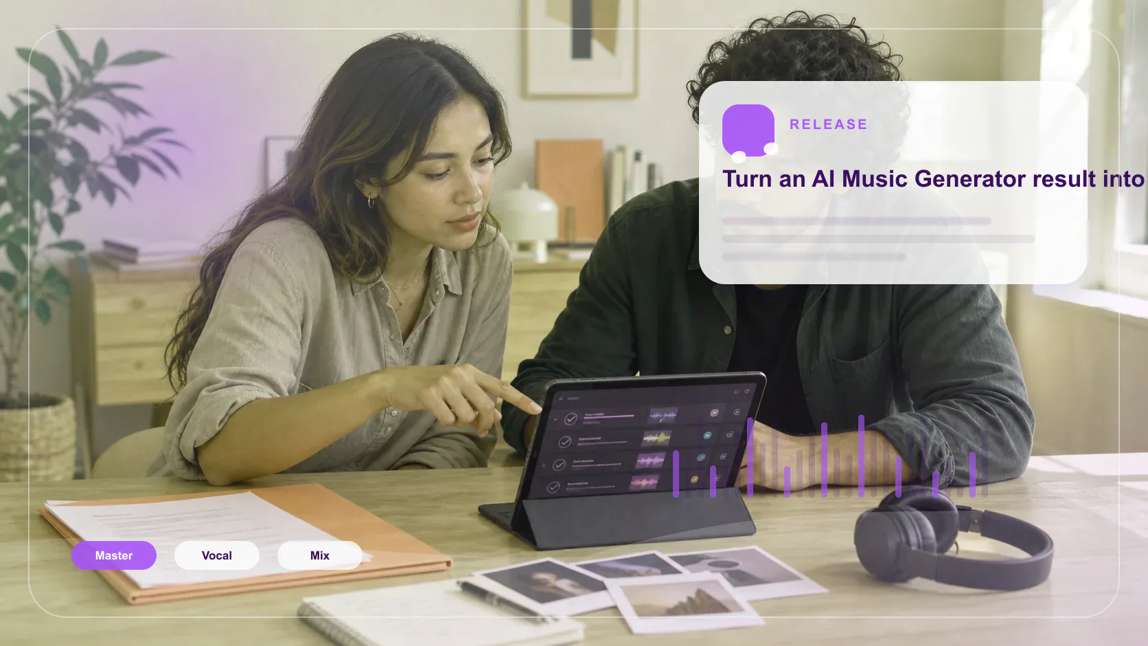 Creator editing a music video with waveform and caption timeline
