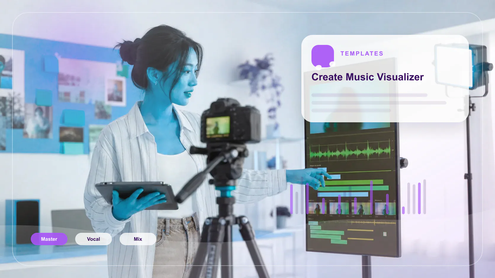 Creator editing a music video with waveform and caption timeline