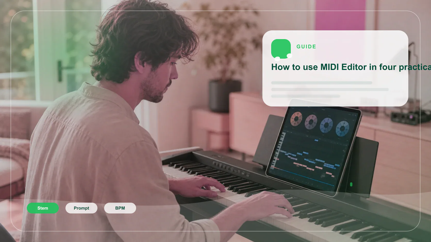 Independent musician shaping an AI music idea in a bright home studio