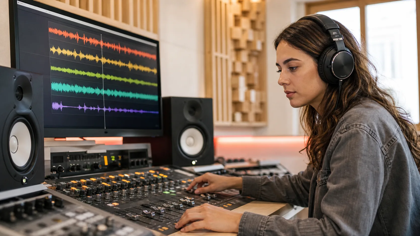 Audio engineer separating vocal and instrumental stems in a clean studio