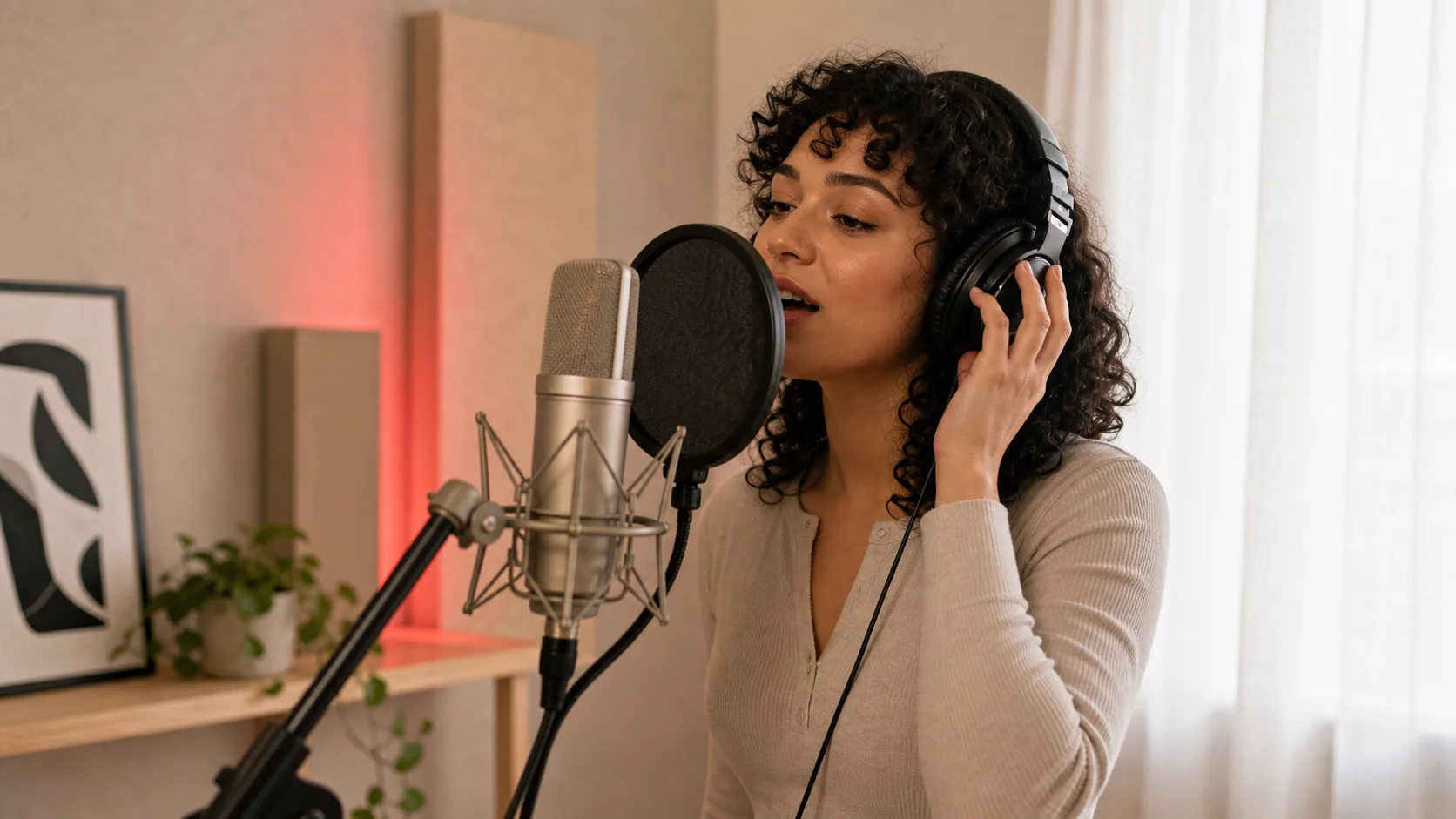 Vocalist recording a clean voice sample in a bright vocal booth